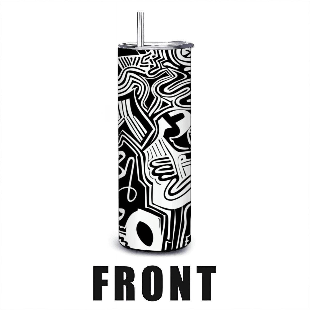 ColorFlow | Urban Graffiti Doodle Tumbler | 20oz Stainless Steel Tumbler with Straw | Black White Abstract Art Mug