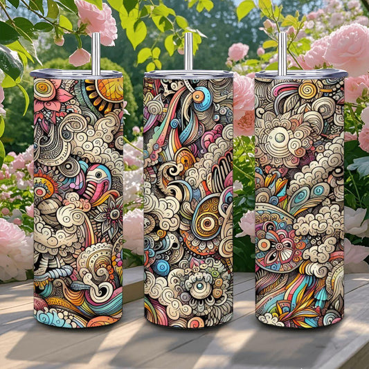 ColorFlow | Whimsical Cloud Doodle Tumbler | 20oz Stainless Steel Tumbler with Straw | Hand Drawn Doodle Art Mug