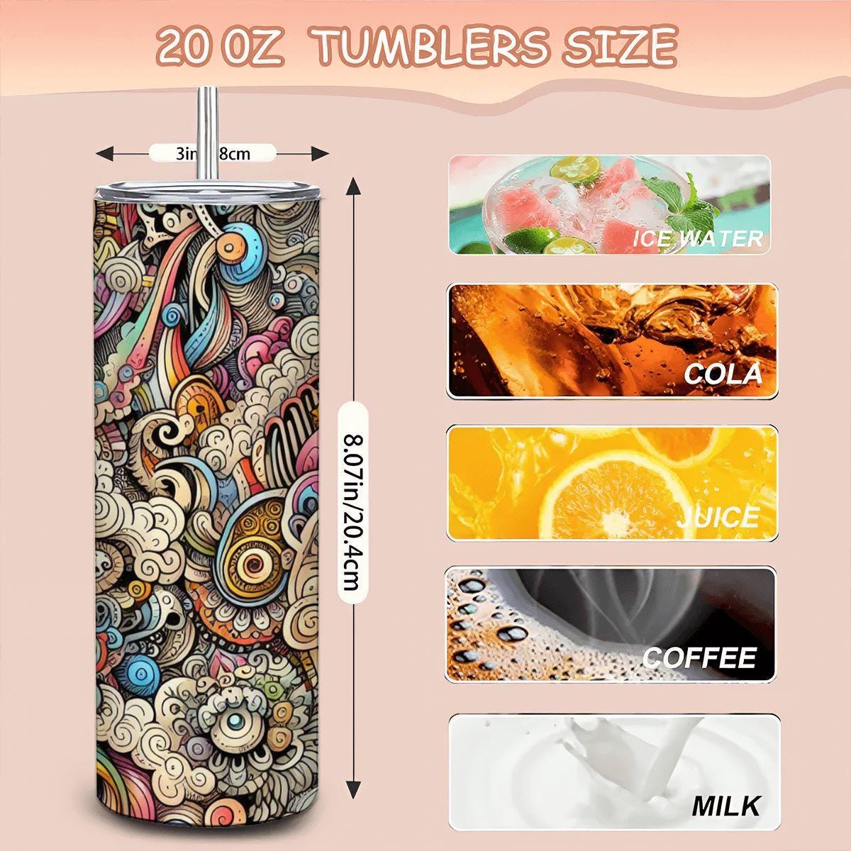 ColorFlow | Whimsical Cloud Doodle Tumbler | 20oz Stainless Steel Tumbler with Straw | Hand Drawn Doodle Art Mug