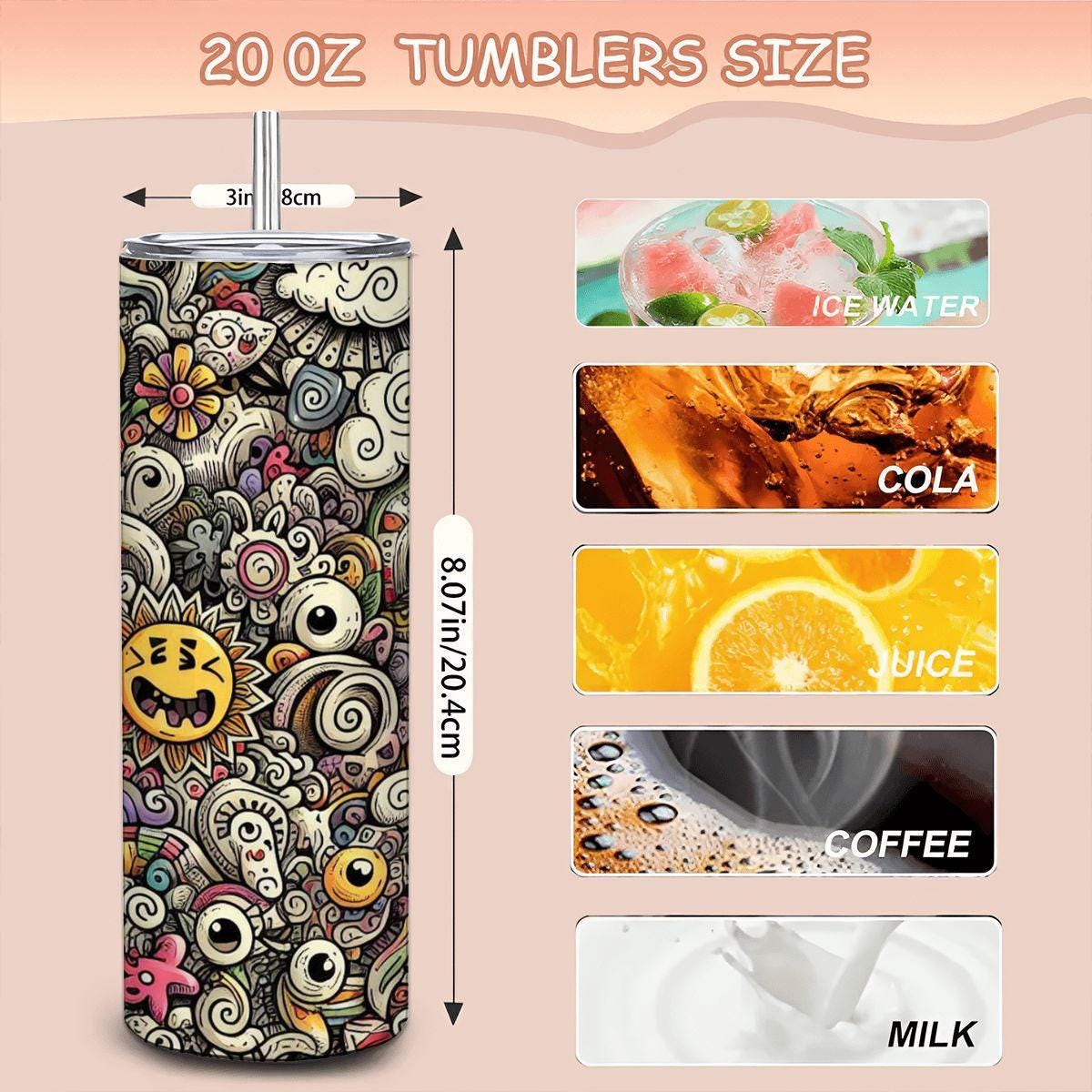 ColorFlow | Playful Emoji Doodle Tumbler | 20oz Stainless Steel Tumbler with Straw | Fun Cartoon Cloud Doodle Mug