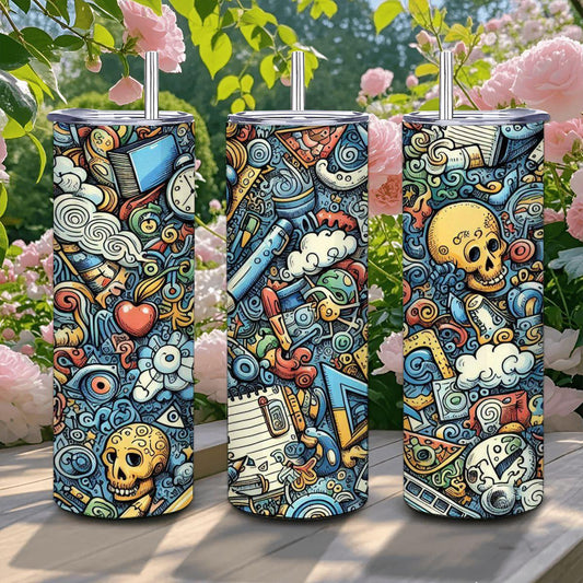 ColorFlow | Back to School Doodle Tumbler | 20oz Stainless Steel Tumbler with Straw | Classroom Teacher Gift Mug