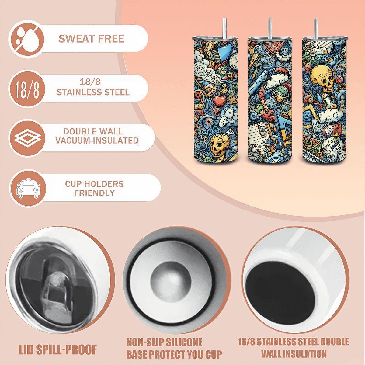 ColorFlow | Back to School Doodle Tumbler | 20oz Stainless Steel Tumbler with Straw | Classroom Teacher Gift Mug