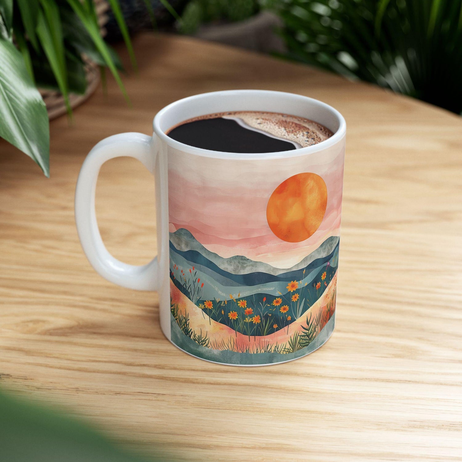 ColorFlow | Boho Mountain Sunset Mug | Artistic Landscape 15oz Ceramic Coffee Cup | Nature Sunrise Gift for Her