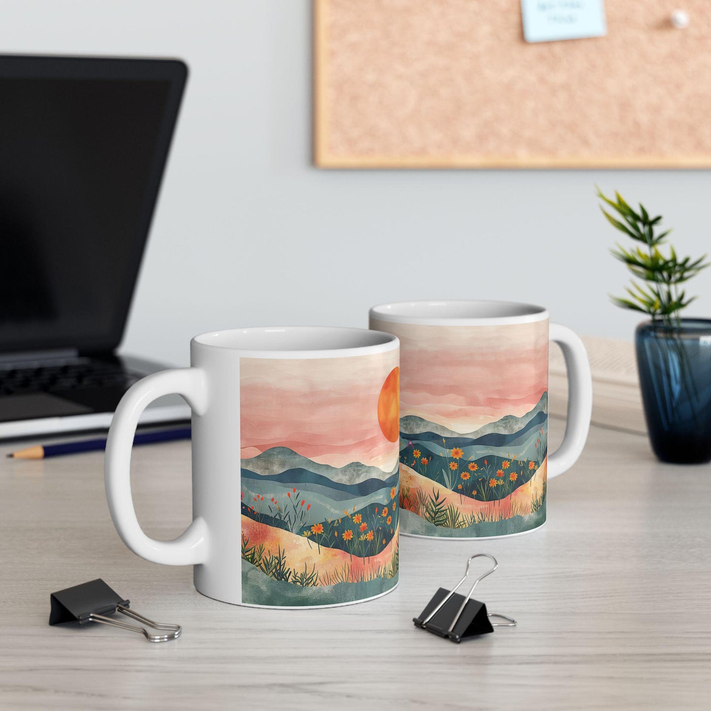 ColorFlow | Boho Mountain Sunset Mug | Artistic Landscape 15oz Ceramic Coffee Cup | Nature Sunrise Gift for Her