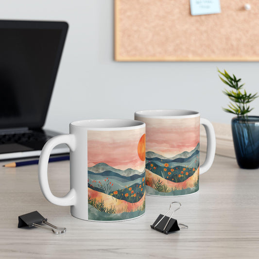 ColorFlow | Boho Mountain Sunset Mug | Artistic Landscape 15oz Ceramic Coffee Cup | Nature Sunrise Gift for Her