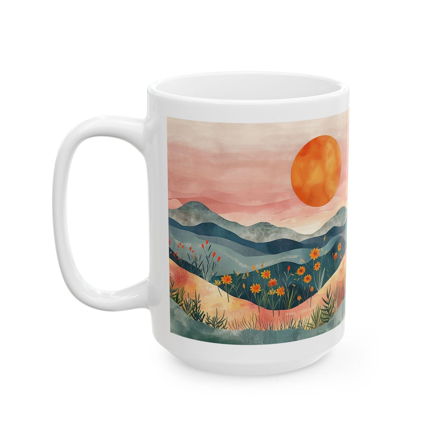 ColorFlow | Boho Mountain Sunset Mug | Artistic Landscape 15oz Ceramic Coffee Cup | Nature Sunrise Gift for Her