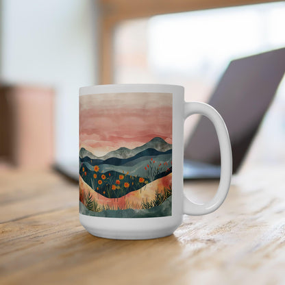 ColorFlow | Boho Mountain Sunset Mug | Artistic Landscape 15oz Ceramic Coffee Cup | Nature Sunrise Gift for Her