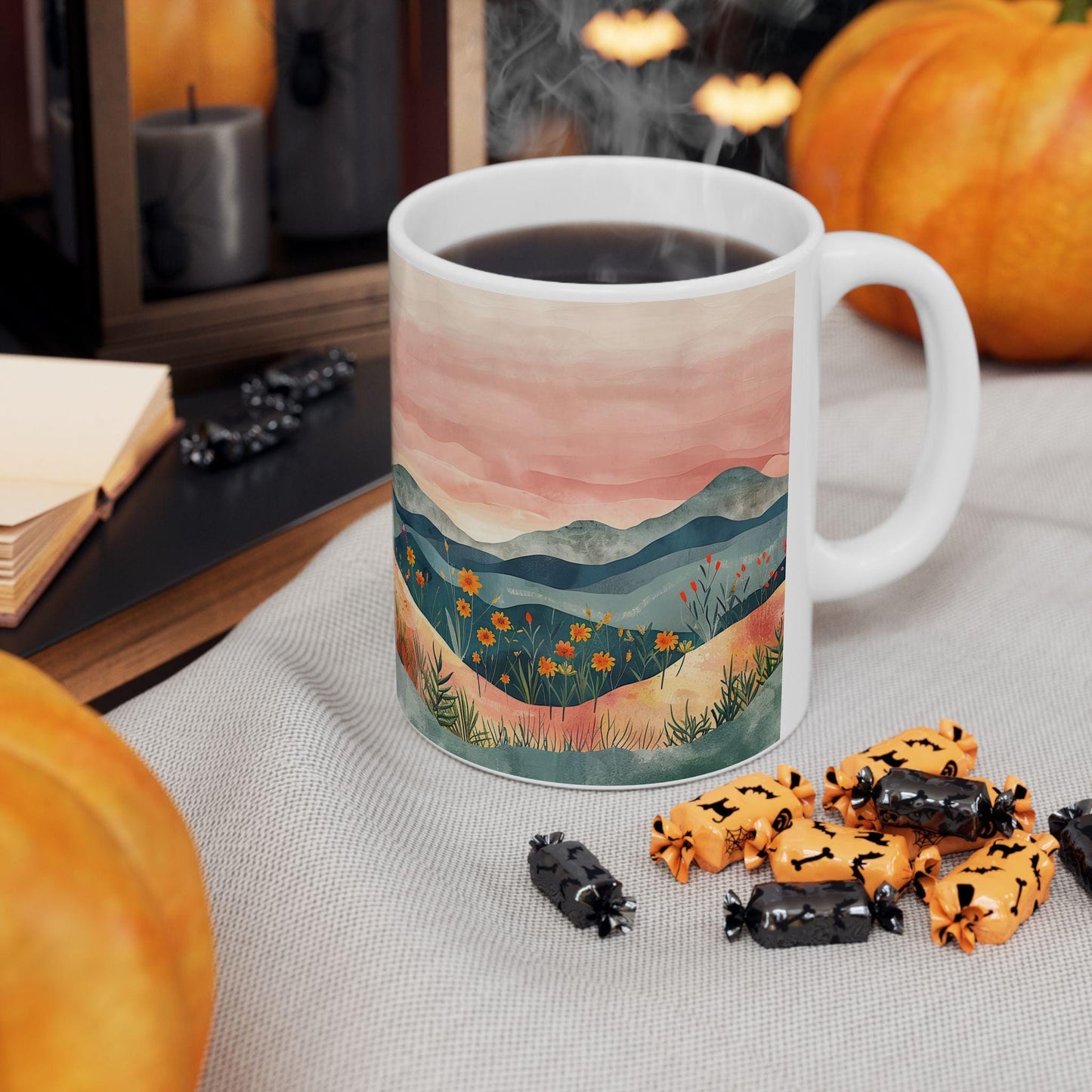 ColorFlow | Boho Mountain Sunset Mug | Artistic Landscape 15oz Ceramic Coffee Cup | Nature Sunrise Gift for Her