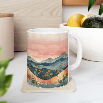 ColorFlow | Boho Mountain Sunset Mug | Artistic Landscape 15oz Ceramic Coffee Cup | Nature Sunrise Gift for Her