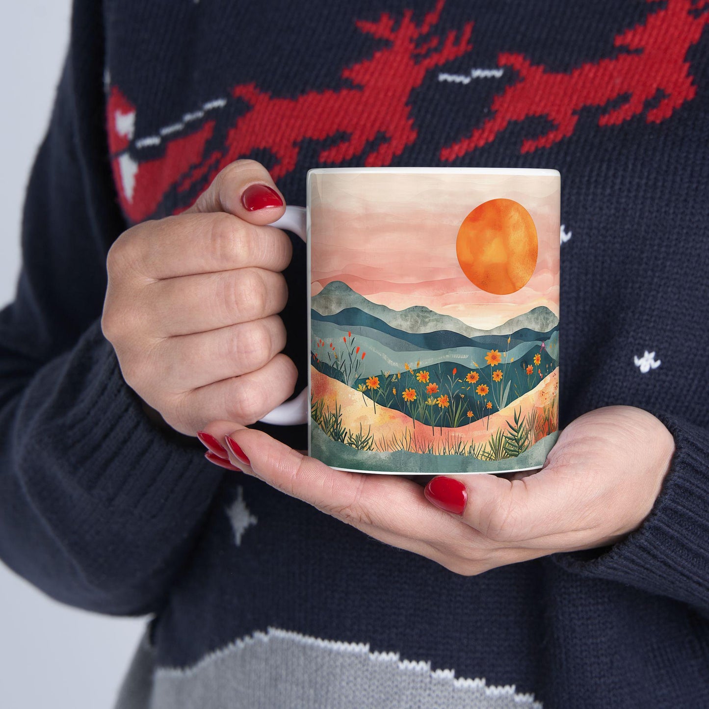 ColorFlow | Boho Mountain Sunset Mug | Artistic Landscape 15oz Ceramic Coffee Cup | Nature Sunrise Gift for Her