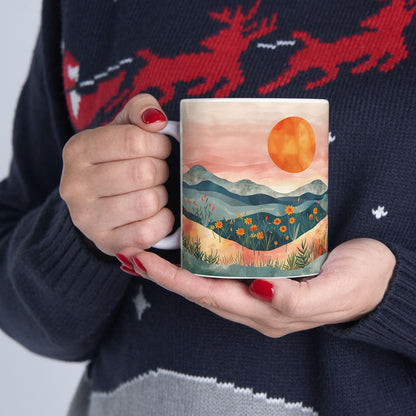ColorFlow | Boho Mountain Sunset Mug | Artistic Landscape 15oz Ceramic Coffee Cup | Nature Sunrise Gift for Her