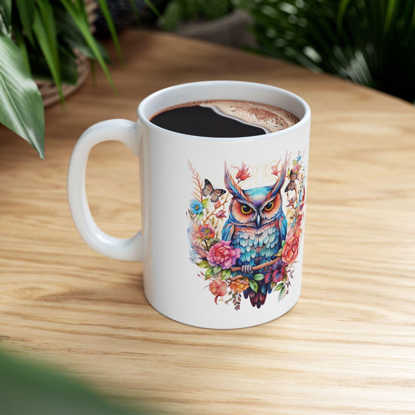 ColorFlow | Mystic Owl Mug | Vibrant Floral 15oz Ceramic Coffee Cup | Whimsical Art Gift for Owl Lovers and Collectors