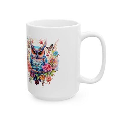 ColorFlow | Mystic Owl Mug | Vibrant Floral 15oz Ceramic Coffee Cup | Whimsical Art Gift for Owl Lovers and Collectors