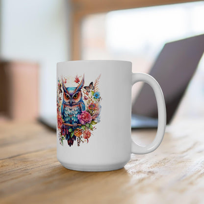 ColorFlow | Mystic Owl Mug | Vibrant Floral 15oz Ceramic Coffee Cup | Whimsical Art Gift for Owl Lovers and Collectors