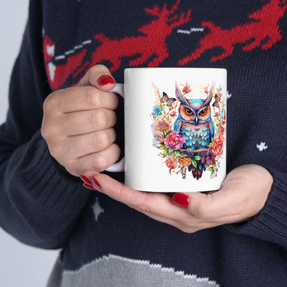 ColorFlow | Mystic Owl Mug | Vibrant Floral 15oz Ceramic Coffee Cup | Whimsical Art Gift for Owl Lovers and Collectors
