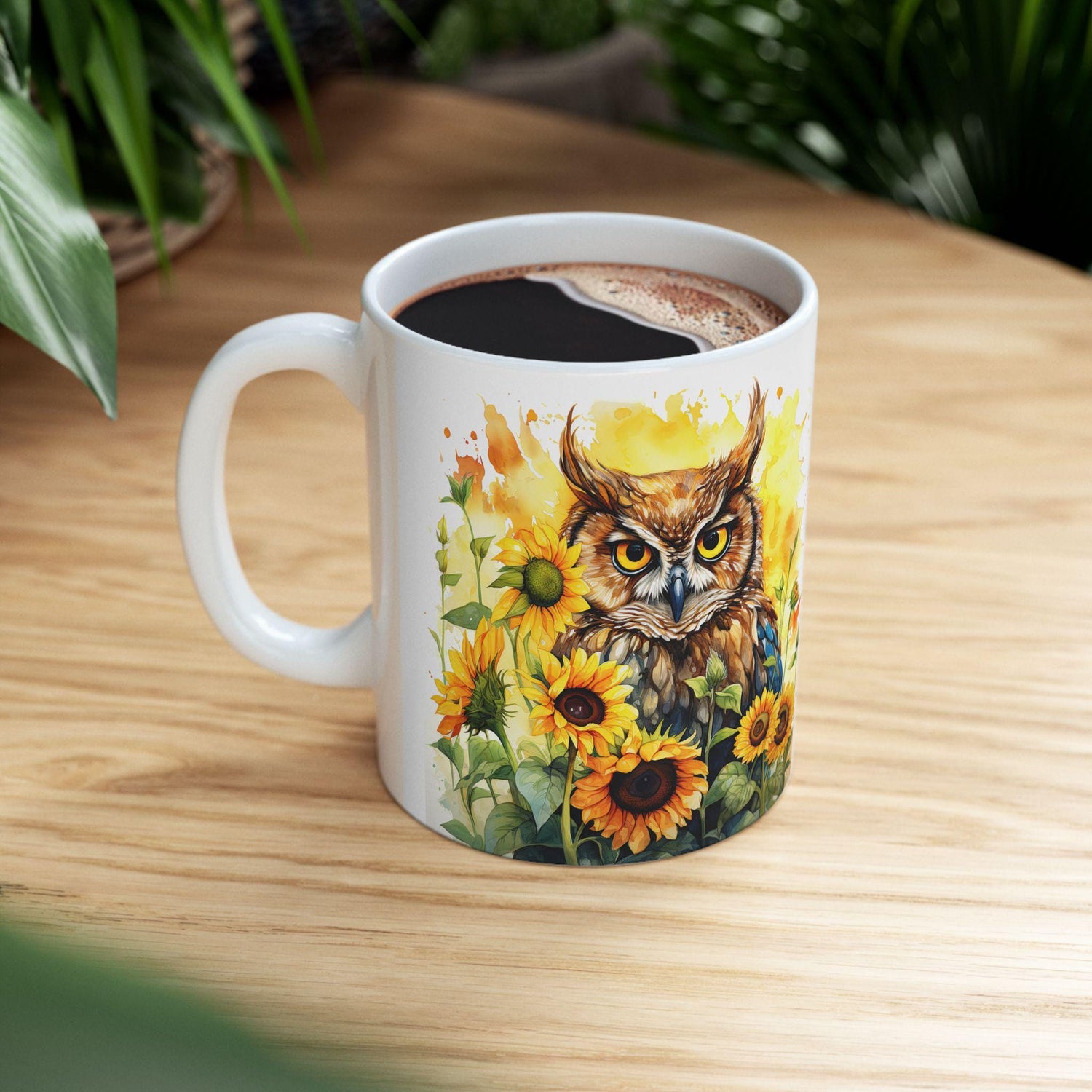 ColorFlow | Sunflower Owl Mug | Vibrant Yellow 15oz Ceramic Coffee Cup | Boho Nature Gift for Owl Lovers and Teachers