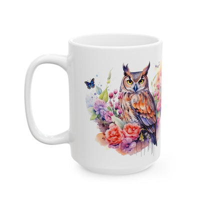 ColorFlow | Serene Owl Mug | Elegant Floral 15oz Ceramic Coffee Cup | Artistic Nature Gift for Owl Lovers and Dreamers