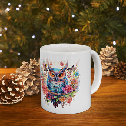 ColorFlow | Mystic Owl Mug | Vibrant Floral 15oz Ceramic Coffee Cup | Whimsical Art Gift for Owl Lovers and Collectors