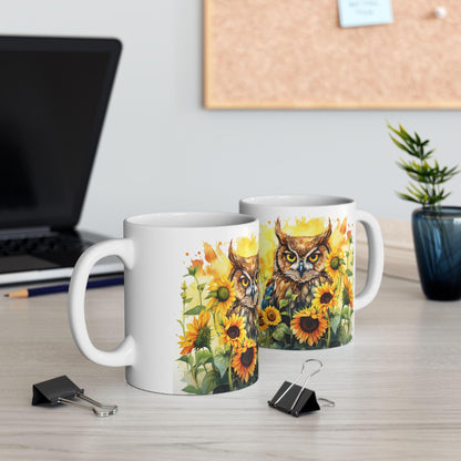 ColorFlow | Sunflower Owl Mug | Vibrant Yellow 15oz Ceramic Coffee Cup | Boho Nature Gift for Owl Lovers and Teachers
