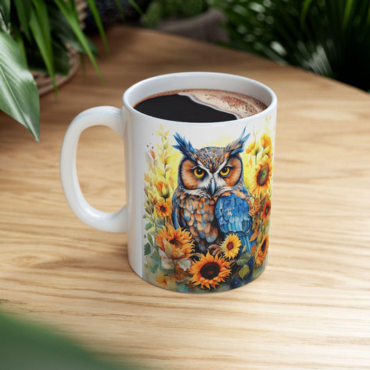 ColorFlow | Blue Owl Sunflower Mug | Bright Boho 15oz Ceramic Coffee Cup | Artistic Nature Gift for Owl and Flower Lovers