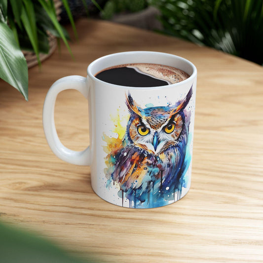 ColorFlow | Watercolor Owl Mug | Vibrant Abstract 15oz Ceramic Coffee Cup | Artistic Gift for Owl Lovers and Creatives