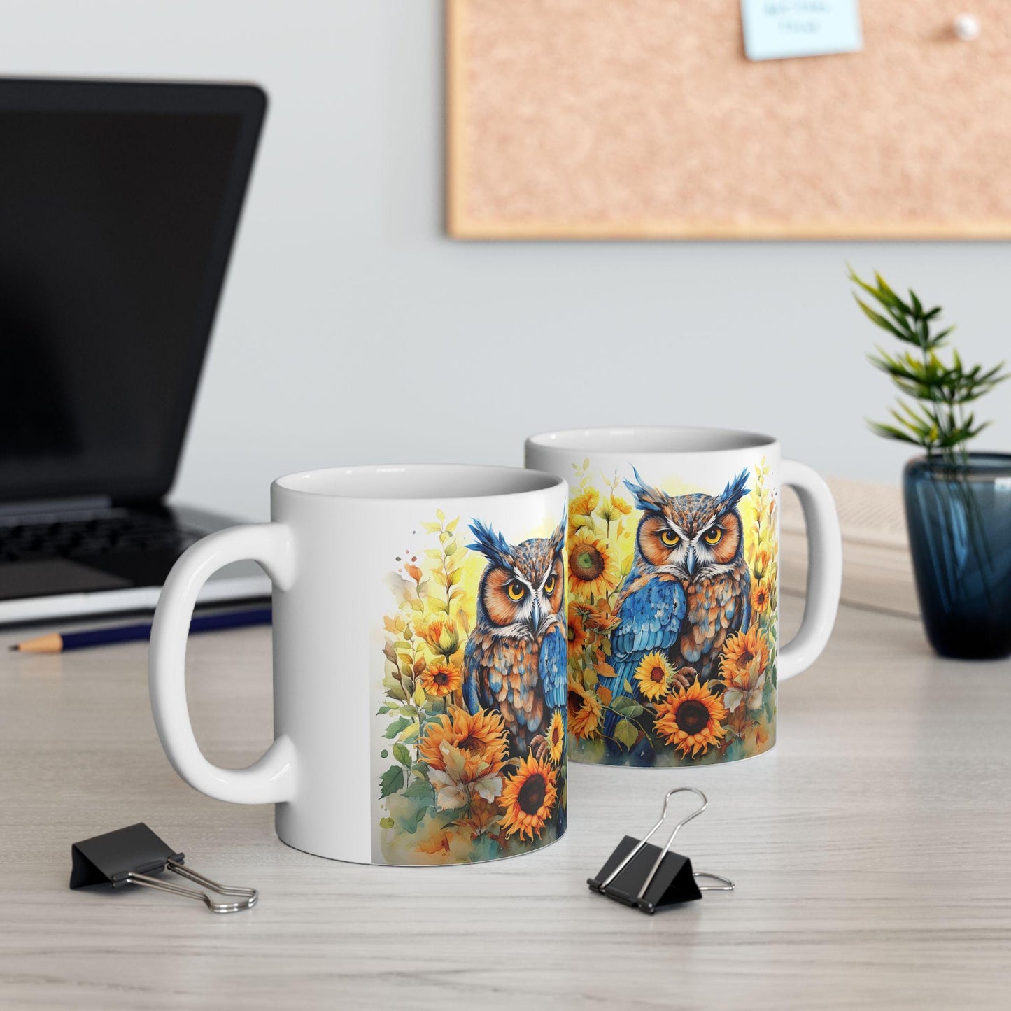 ColorFlow | Blue Owl Sunflower Mug | Bright Boho 15oz Ceramic Coffee Cup | Artistic Nature Gift for Owl and Flower Lovers