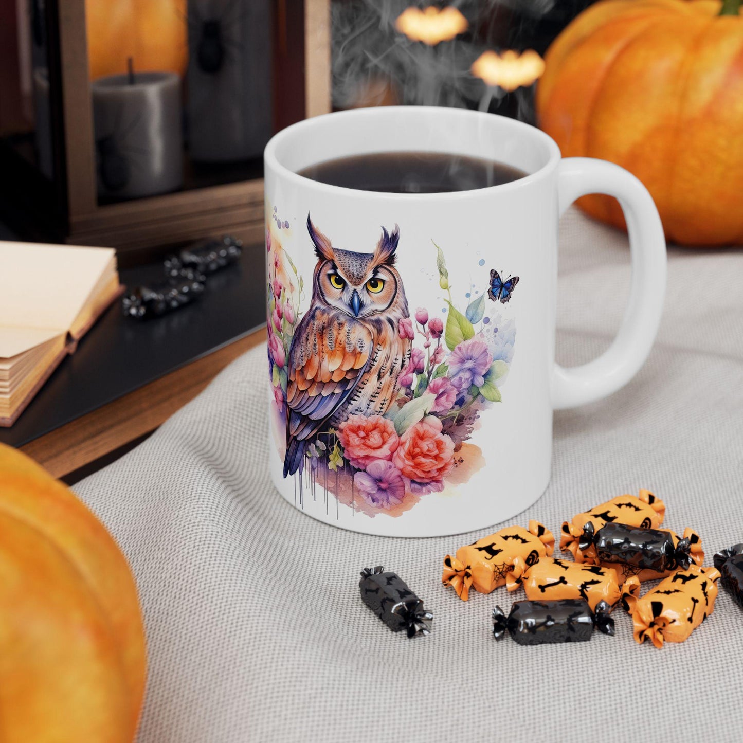 ColorFlow | Serene Owl Mug | Elegant Floral 15oz Ceramic Coffee Cup | Artistic Nature Gift for Owl Lovers and Dreamers