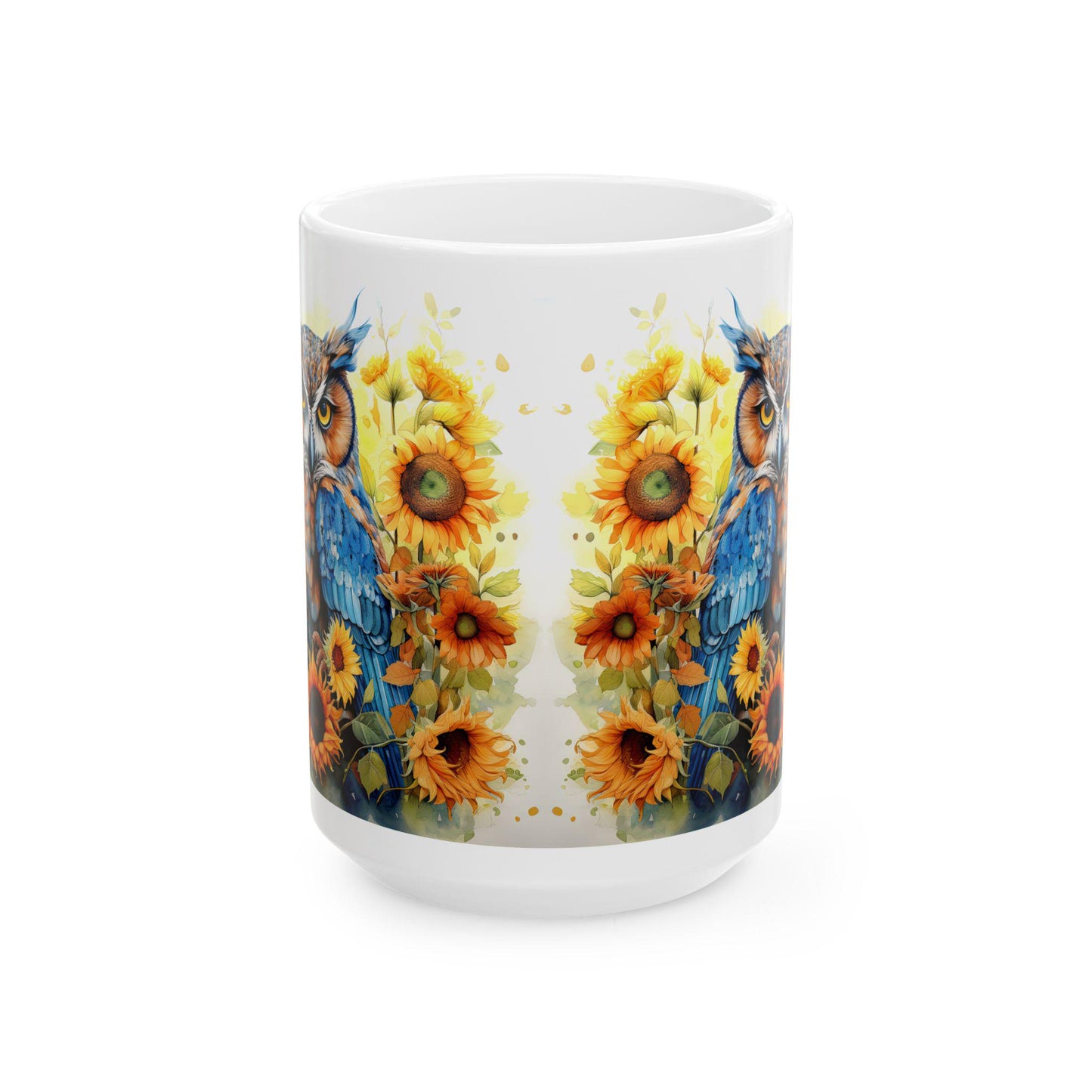 ColorFlow | Blue Owl Sunflower Mug | Bright Boho 15oz Ceramic Coffee Cup | Artistic Nature Gift for Owl and Flower Lovers