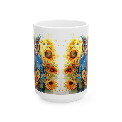 ColorFlow | Blue Owl Sunflower Mug | Bright Boho 15oz Ceramic Coffee Cup | Artistic Nature Gift for Owl and Flower Lovers