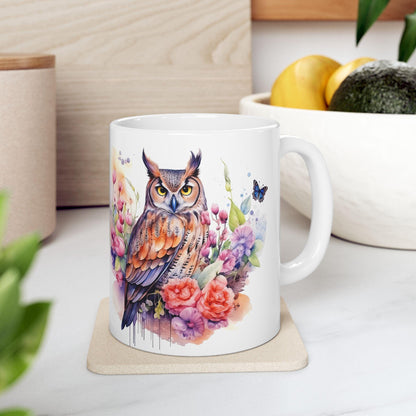 ColorFlow | Serene Owl Mug | Elegant Floral 15oz Ceramic Coffee Cup | Artistic Nature Gift for Owl Lovers and Dreamers