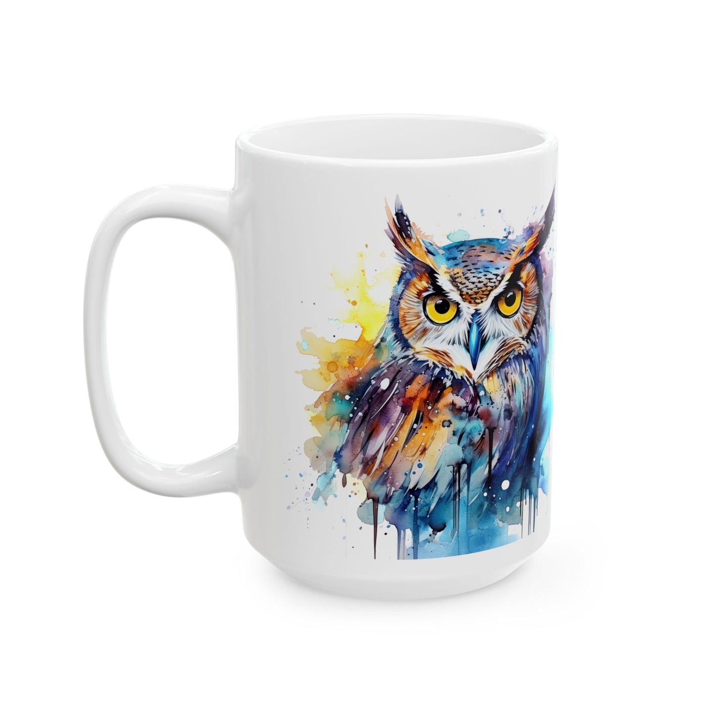 ColorFlow | Watercolor Owl Mug | Vibrant Abstract 15oz Ceramic Coffee Cup | Artistic Gift for Owl Lovers and Creatives