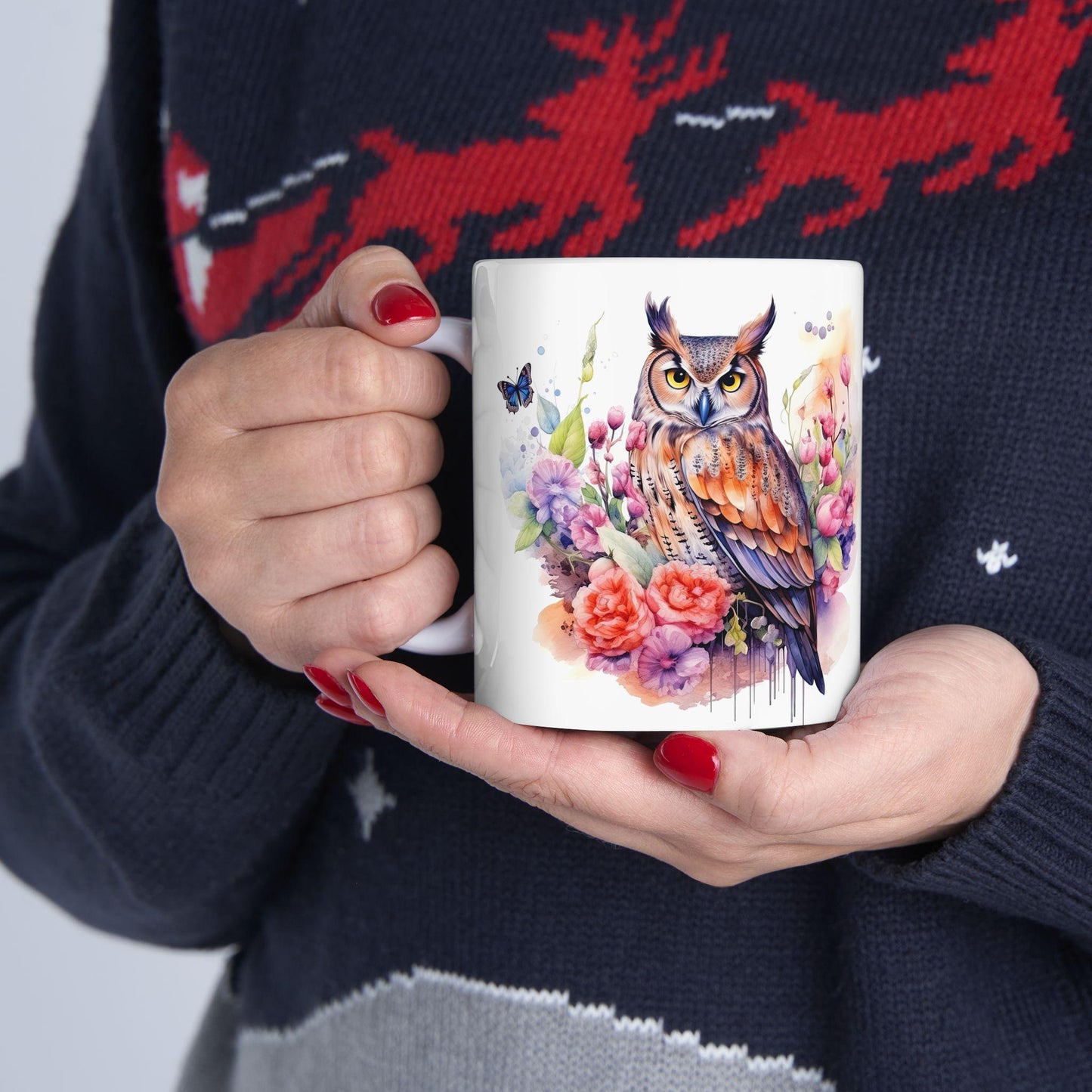 ColorFlow | Serene Owl Mug | Elegant Floral 15oz Ceramic Coffee Cup | Artistic Nature Gift for Owl Lovers and Dreamers