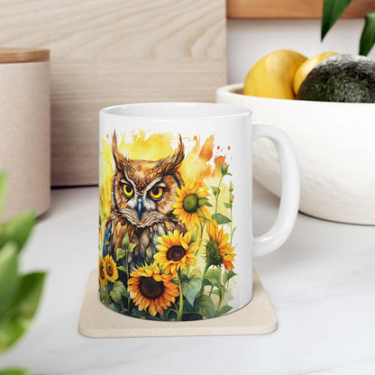 ColorFlow | Sunflower Owl Mug | Vibrant Yellow 15oz Ceramic Coffee Cup | Boho Nature Gift for Owl Lovers and Teachers
