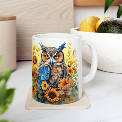 ColorFlow | Blue Owl Sunflower Mug | Bright Boho 15oz Ceramic Coffee Cup | Artistic Nature Gift for Owl and Flower Lovers
