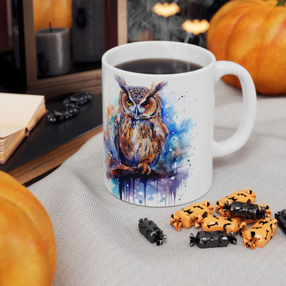 ColorFlow | Autumn Owl Mug | Watercolor Forest 15oz Ceramic Coffee Cup | Artistic Gift for Nature and Owl Lovers