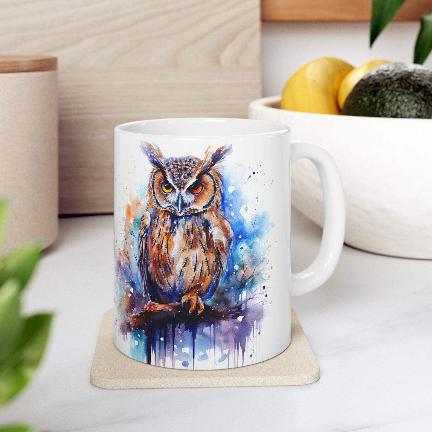 ColorFlow | Autumn Owl Mug | Watercolor Forest 15oz Ceramic Coffee Cup | Artistic Gift for Nature and Owl Lovers
