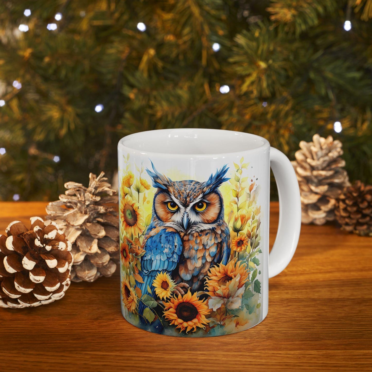 ColorFlow | Blue Owl Sunflower Mug | Bright Boho 15oz Ceramic Coffee Cup | Artistic Nature Gift for Owl and Flower Lovers