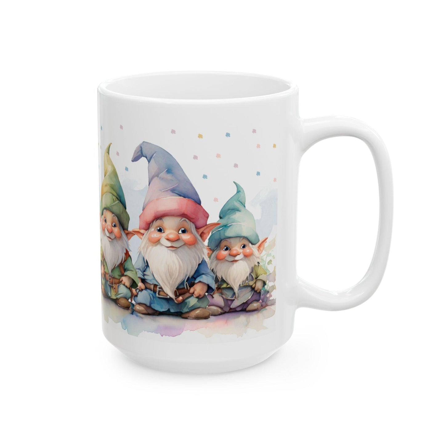 ColorFlow | Gnome Friends Mug | Whimsical 15oz Ceramic Coffee Cup | Cute Fantasy Gift for Garden and Art Lovers