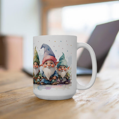 ColorFlow | Gnome Friends Mug | Whimsical 15oz Ceramic Coffee Cup | Cute Fantasy Gift for Garden and Art Lovers