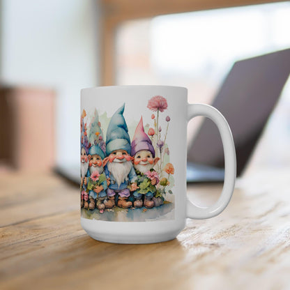 ColorFlow | Garden Gnome Mug | Whimsical Floral 15oz Ceramic Coffee Cup | Cute Fantasy Gift for Garden and Art Lovers