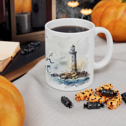 ColorFlow | Ocean Vibes Mug | Nautical Lighthouse 15oz Ceramic Coffee Cup | Beach Lover Gift with Coastal Art Design