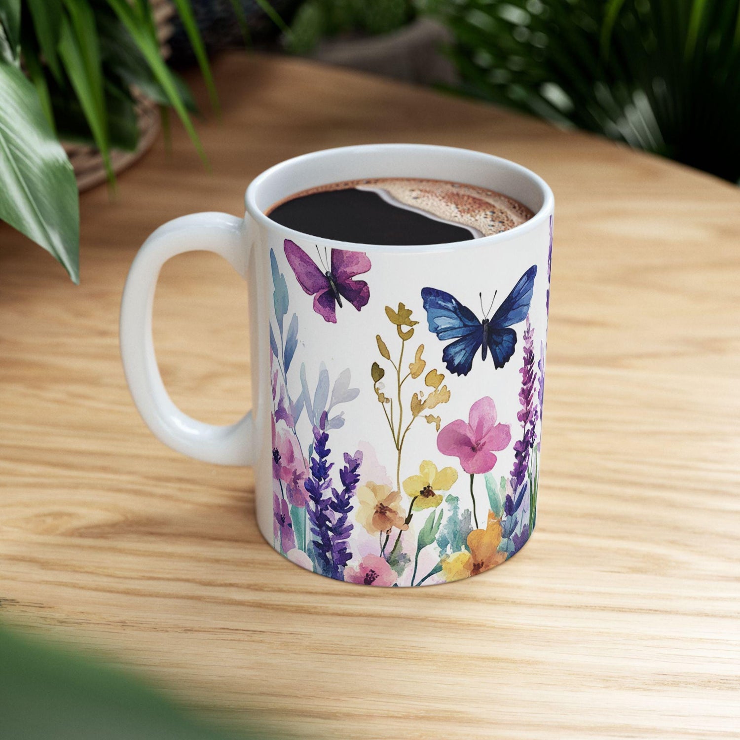 ColorFlow | Wildflower Garden Mug | Watercolor Butterfly 15oz Ceramic Coffee Cup | Nature Lover Gift for Her