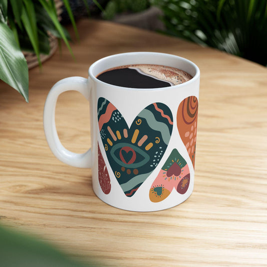 ColorFlow | Boho Hearts Mug | 15oz Ceramic Coffee Cup with Abstract Art Design | Hippie Aesthetic Gift for Her