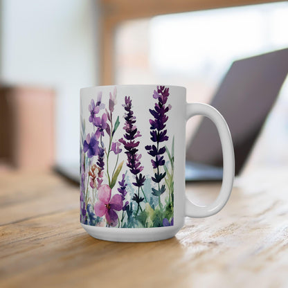 ColorFlow | Wildflower Garden Mug | Watercolor Butterfly 15oz Ceramic Coffee Cup | Nature Lover Gift for Her