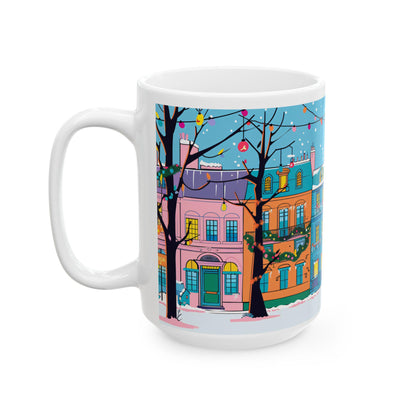 ColorFlow | Christmas Village Mug | Festive City Street 15oz Ceramic Coffee Cup | Holiday Gift for Winter & Art Lovers
