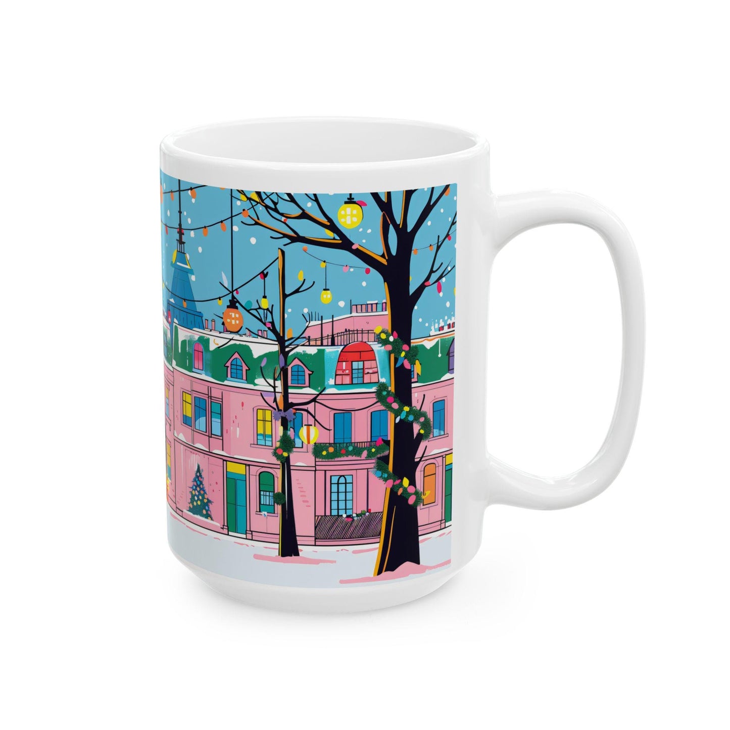 ColorFlow | Christmas Village Mug | Festive City Street 15oz Ceramic Coffee Cup | Holiday Gift for Winter & Art Lovers