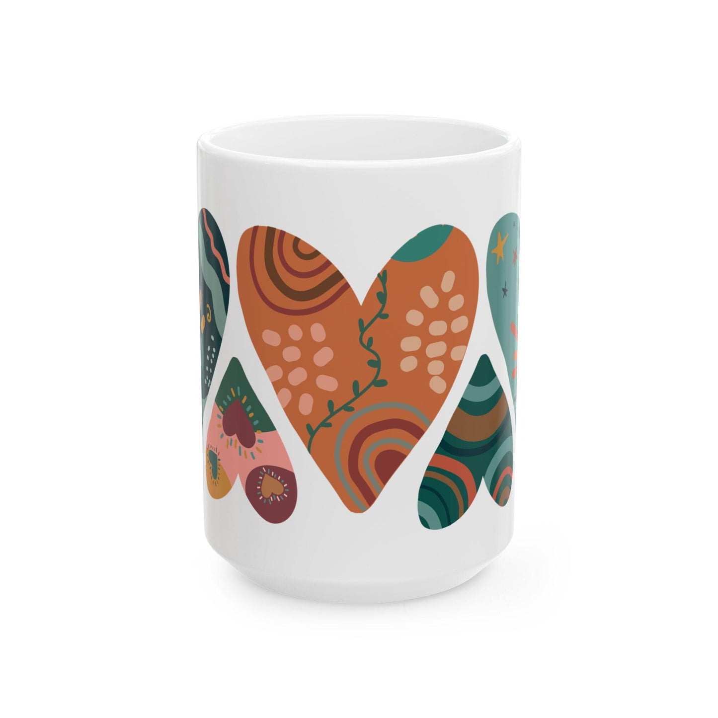 ColorFlow | Boho Hearts Mug | 15oz Ceramic Coffee Cup with Abstract Art Design | Hippie Aesthetic Gift for Her