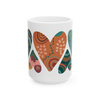 ColorFlow | Boho Hearts Mug | 15oz Ceramic Coffee Cup with Abstract Art Design | Hippie Aesthetic Gift for Her