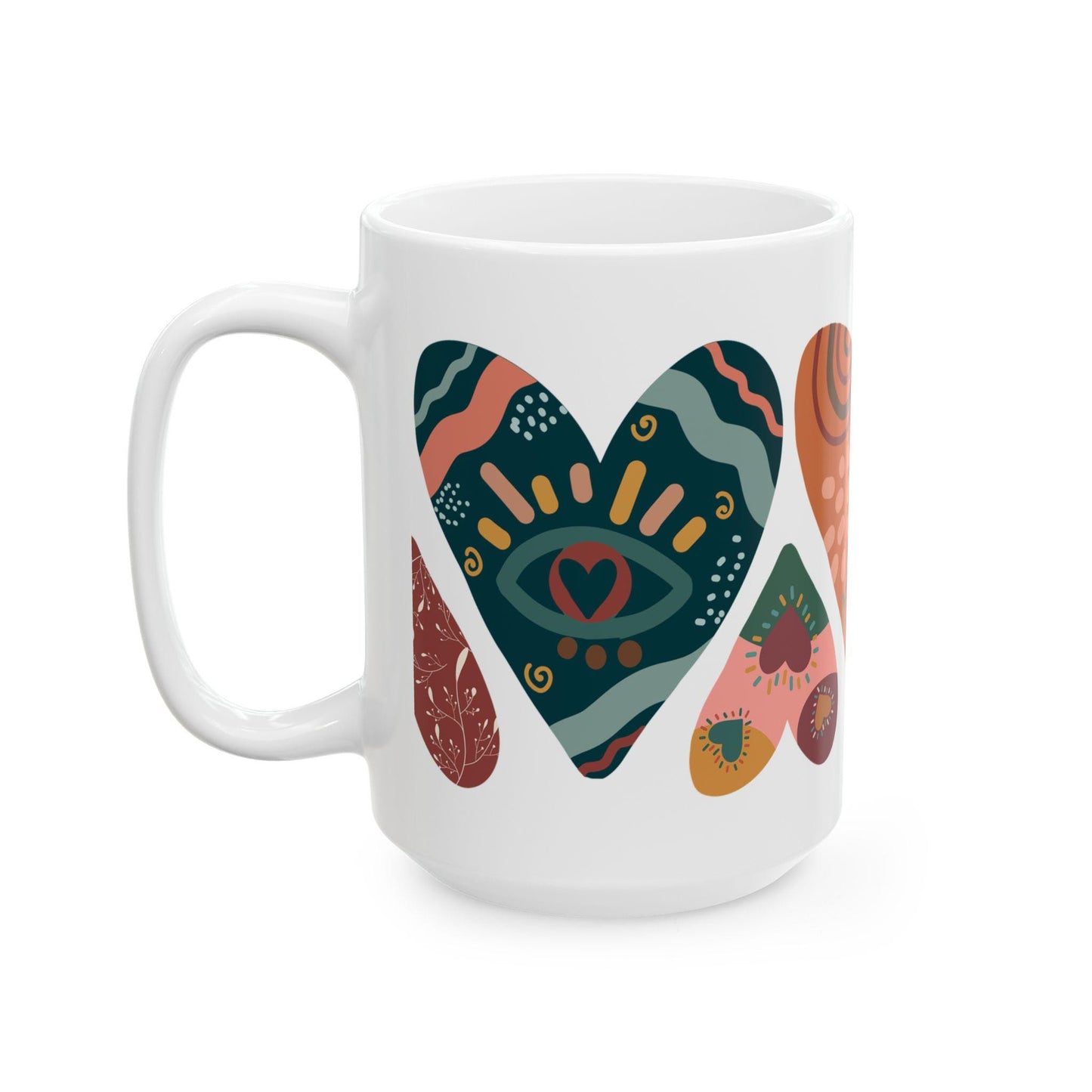 ColorFlow | Boho Hearts Mug | 15oz Ceramic Coffee Cup with Abstract Art Design | Hippie Aesthetic Gift for Her