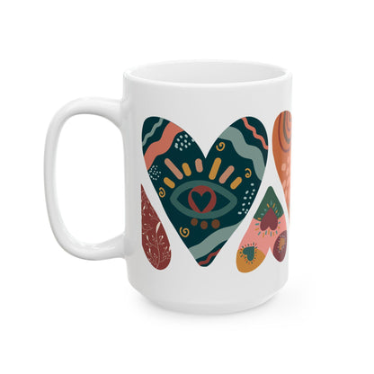 ColorFlow | Boho Hearts Mug | 15oz Ceramic Coffee Cup with Abstract Art Design | Hippie Aesthetic Gift for Her